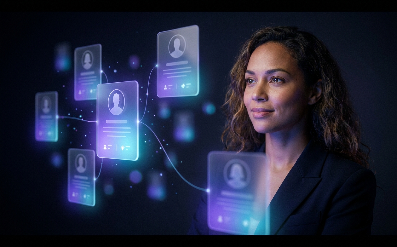 A recruiter reviewing AI-ranked candidate profiles on a futuristic interface